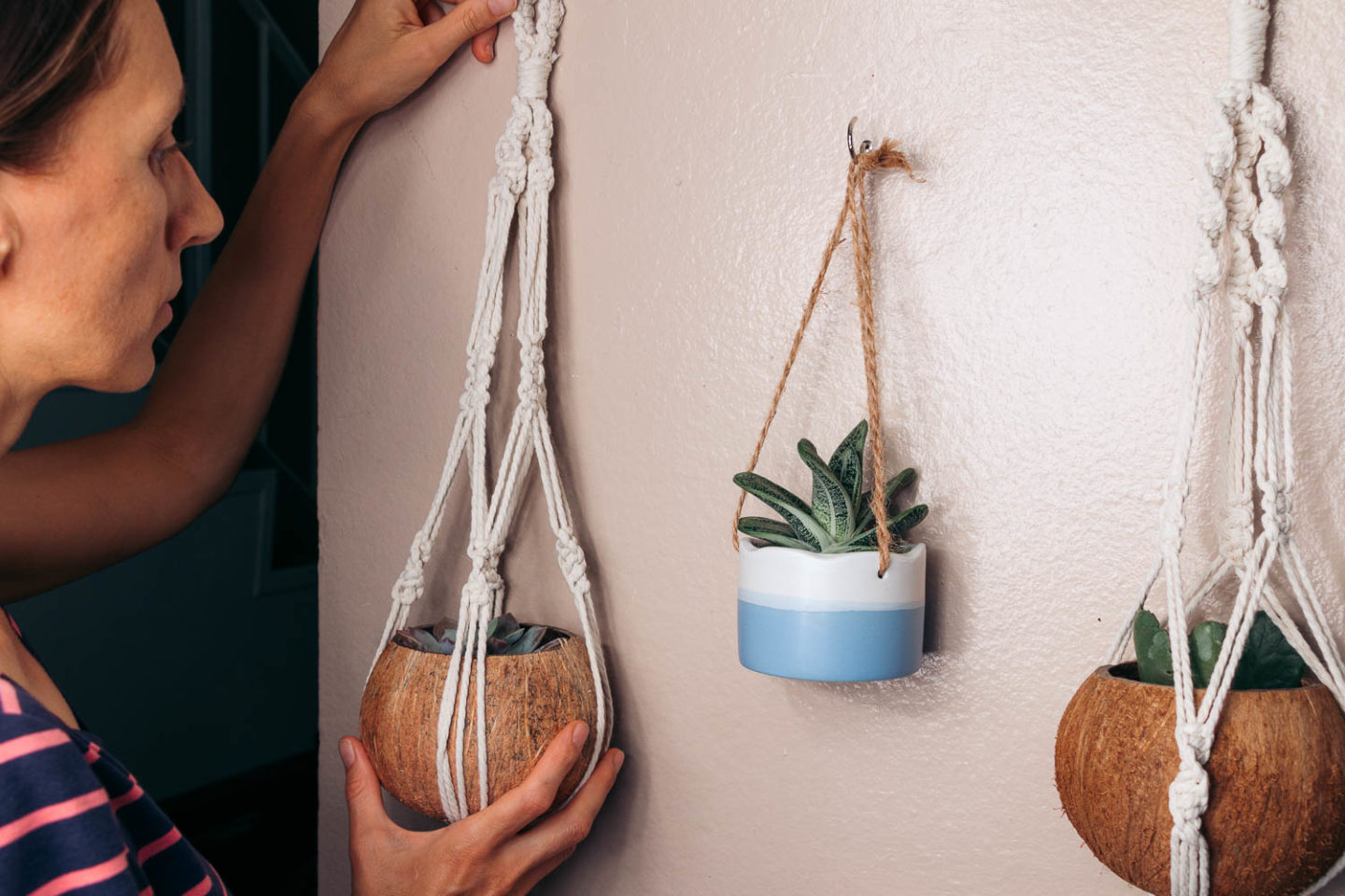 Coconut shell pots and macrame plant hangers - Roads and Destinations.